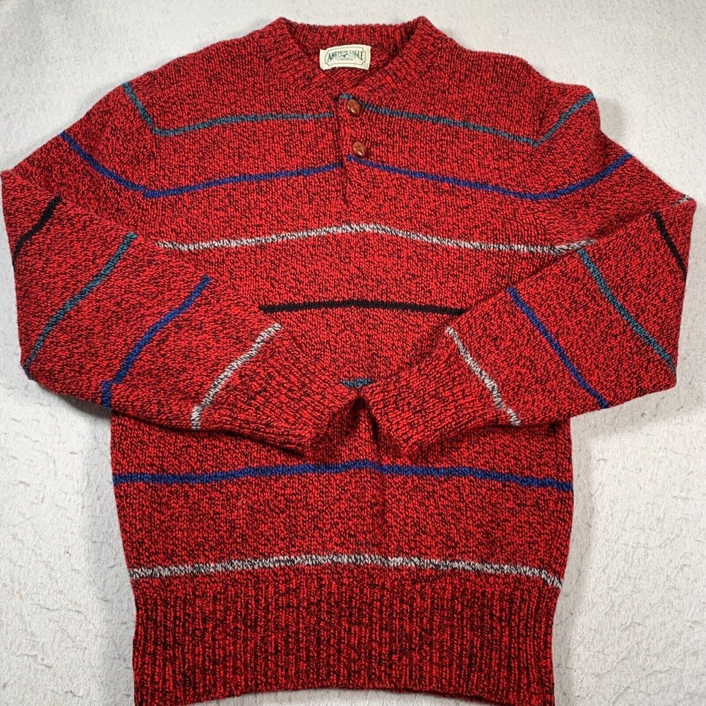 Vintage American Eagle Sweater Mens Large Red Wool Henley Wooden Button Pullover